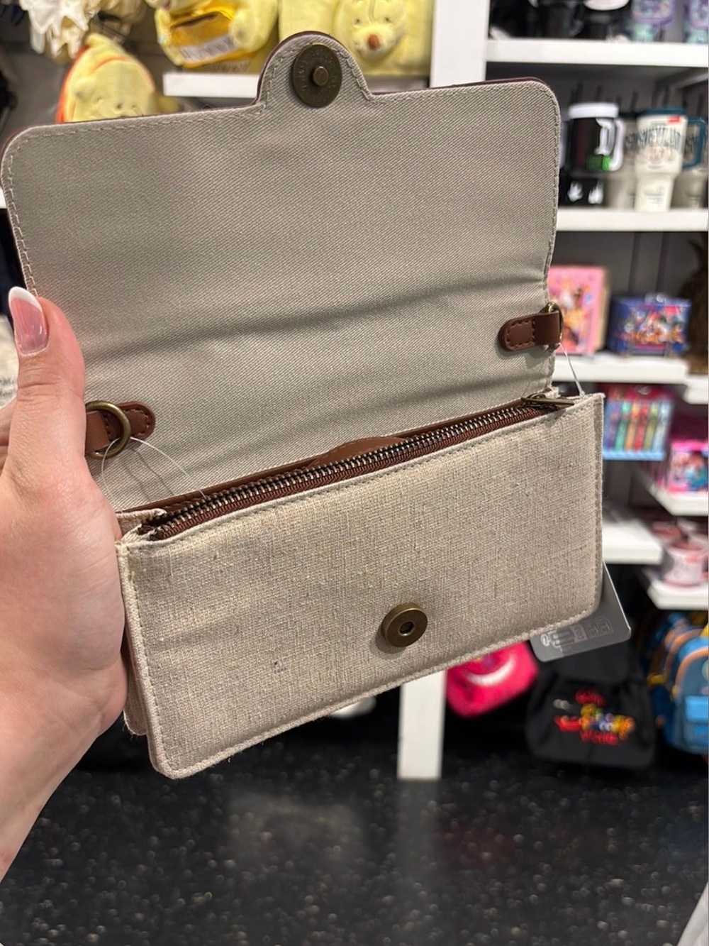 Brown Tan Canvas Mickey Mouse Crossbody Bag or Wallet Embroidered - Picture 2 of 3